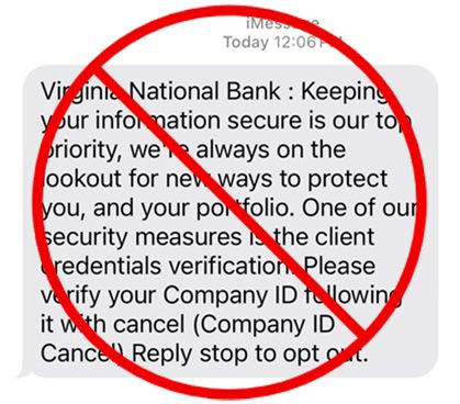 VNB Fraudulent Text Message Example